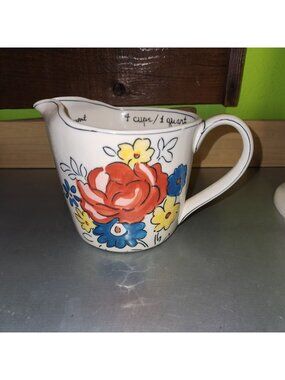 Molly Hatch Floral Ceramic Measuring Pitcher 4 Cups/1 Quart Hand-Painted Design